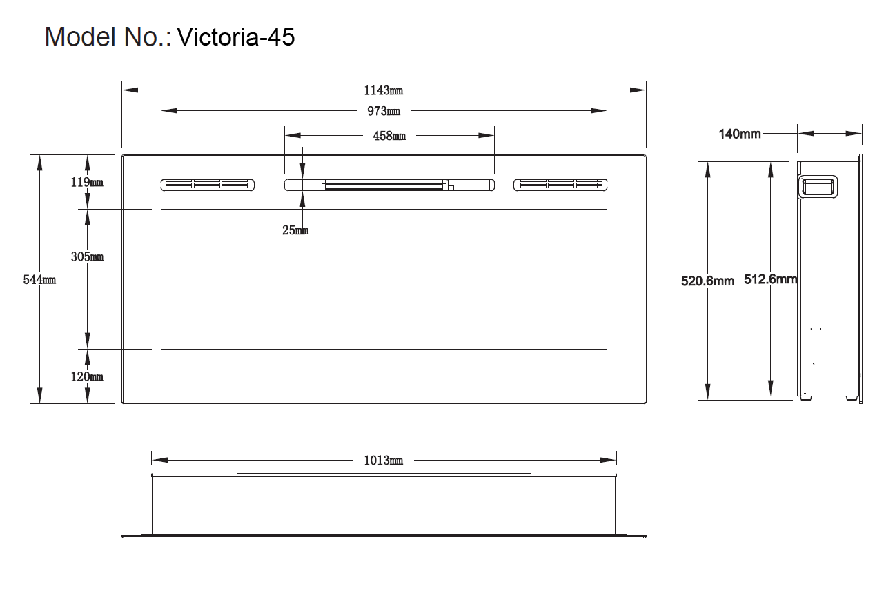 Victoria 45" Black Built-in Recessed / Wall mounted Heater Electric Fireplace