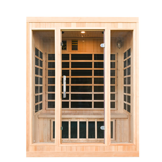Greenland 3-Person Luxury Far-Infrared Sauna 9 Carbon Heater 2250W Full Glass Front Panel