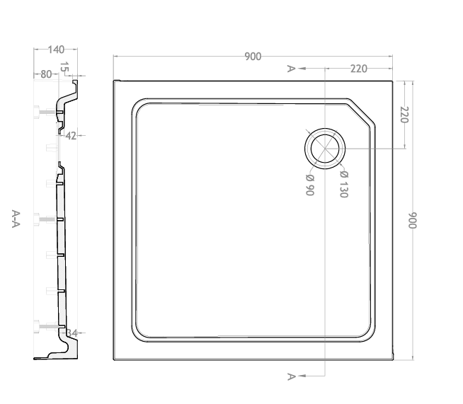 Square SMC Shower Tray Base 900x900x120mm White + Waste