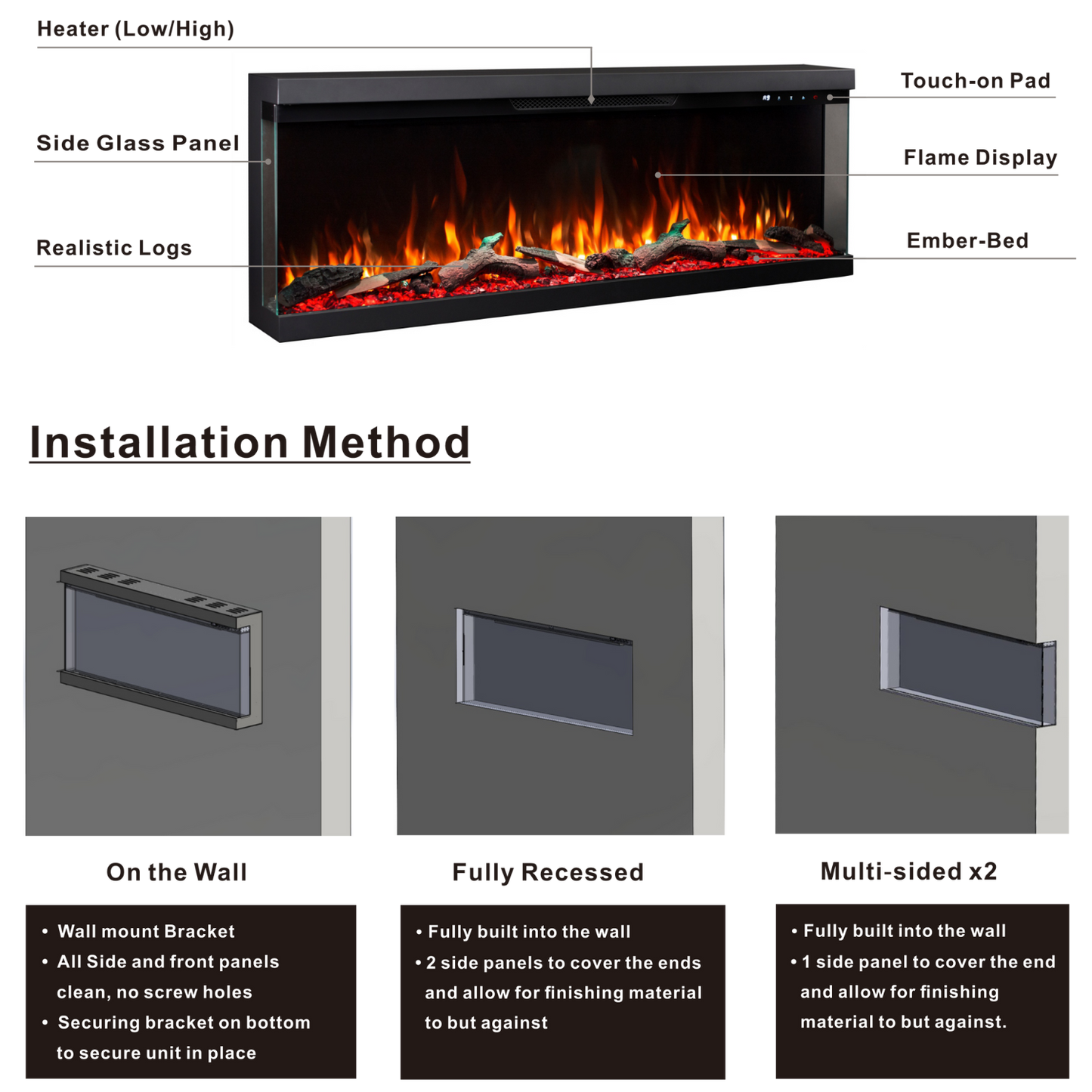 Longford 100" Three Sided Viewing Built-in Recessed / Wall mounted Heater Electric Fireplace