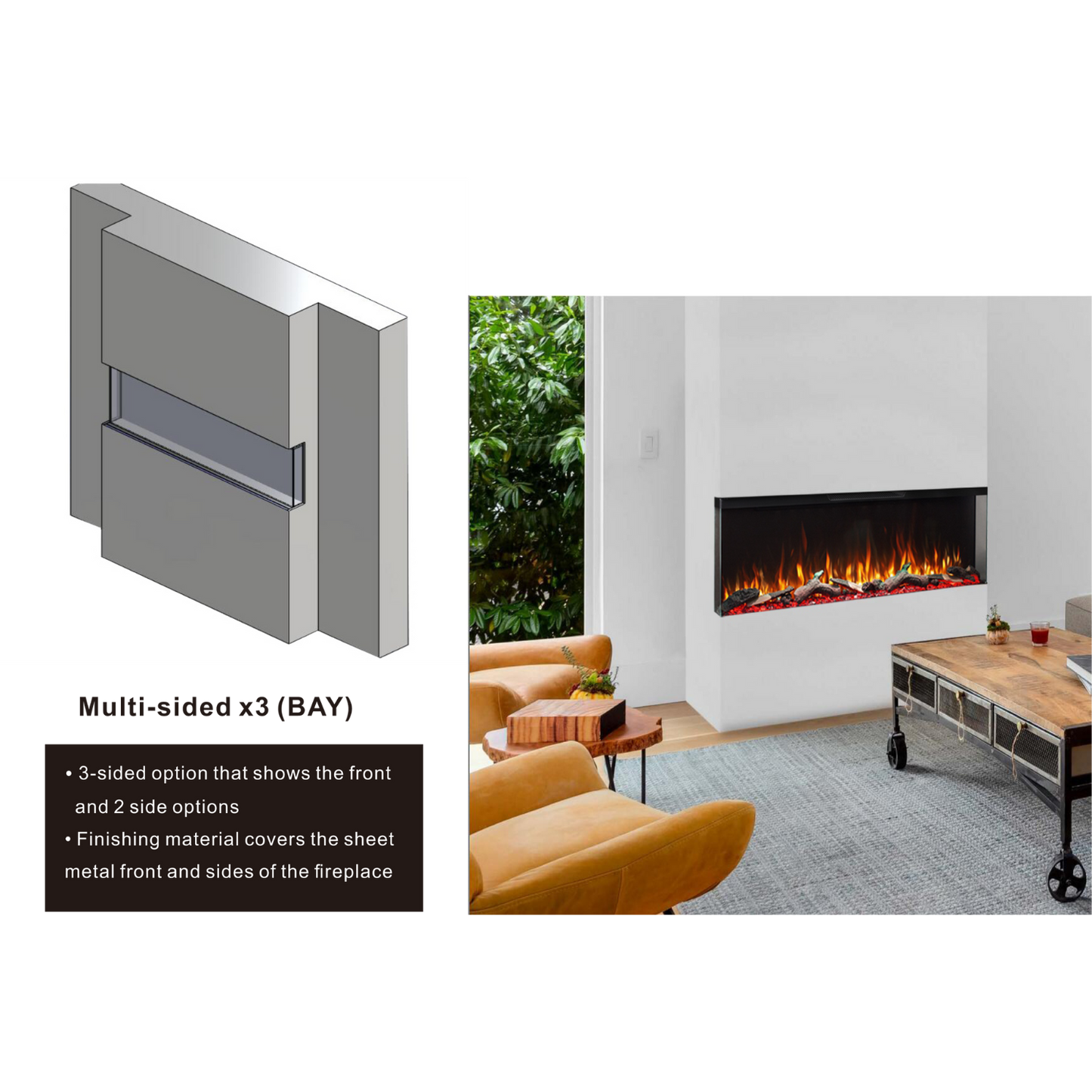 Longford 100" Three Sided Viewing Built-in Recessed / Wall mounted Heater Electric Fireplace