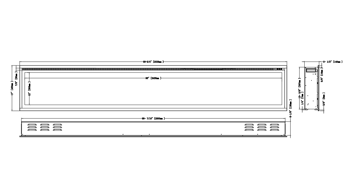 Horizon 100" Slim Trim Black Built-in Recessed / Wall mounted Heater Electric Fireplace