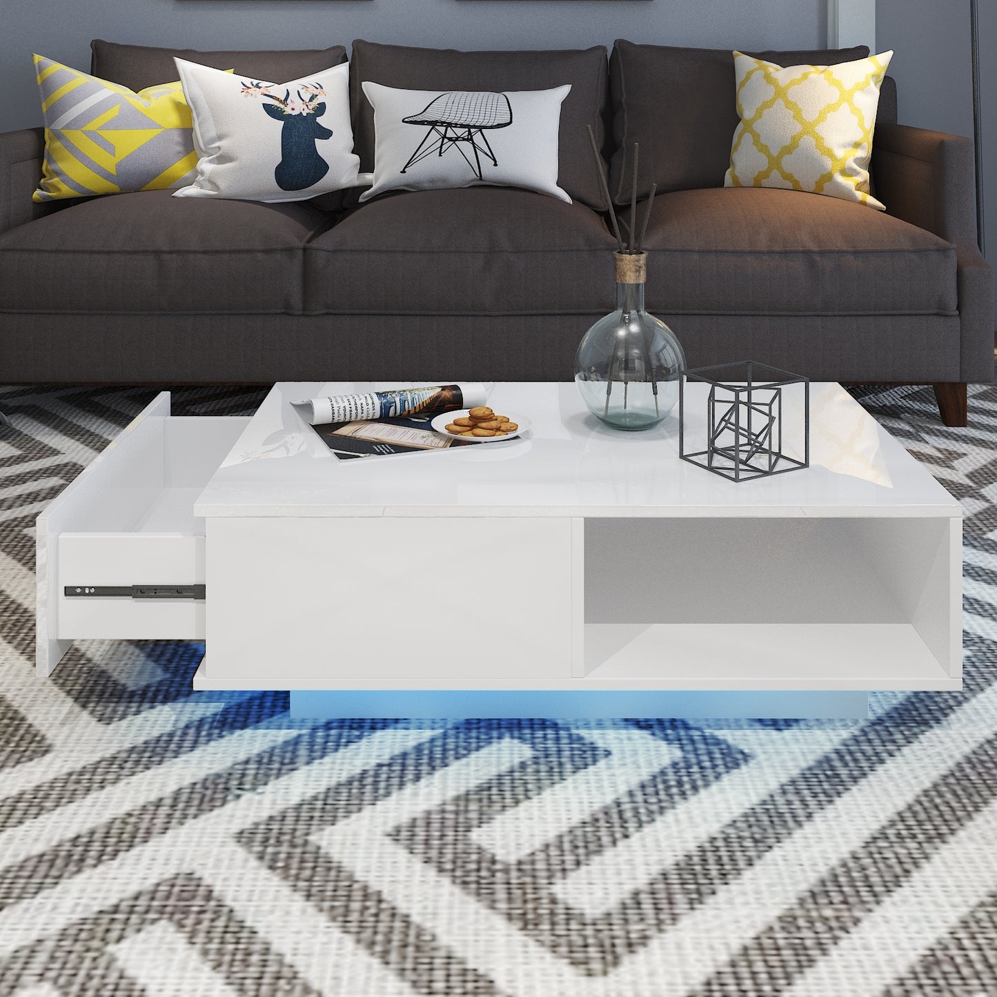 Modern RGB LED Light Coffee Tea Table with Storage Drawer & Shelf High Gloss Living Room