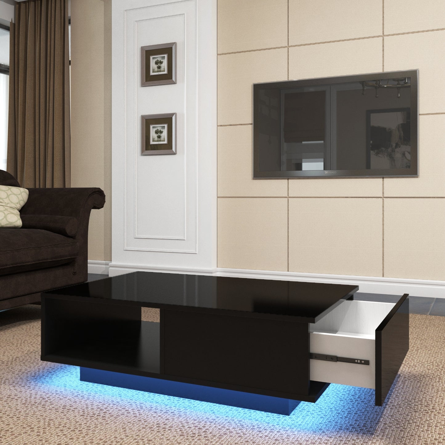 Modern LED Light Coffee Tea Table with Storage Drawer & Shelf High Gloss Living Room Black