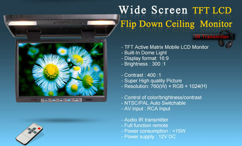 15.4 inch Flip Down Roof Monitor with Dome Light Infrared