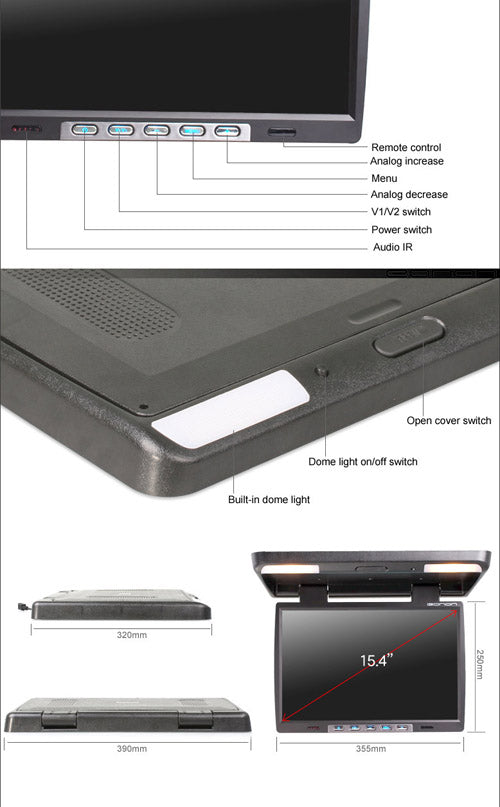 15.4 inch Flip Down Roof Monitor with Dome Light Infrared