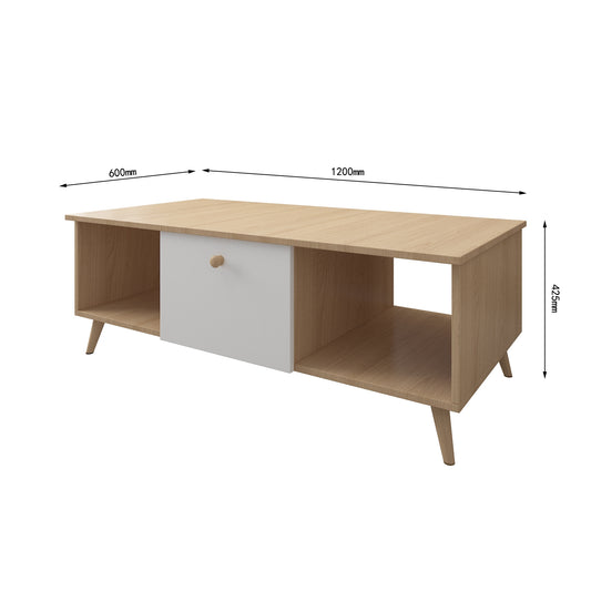 Coffee Table with Drawers Shelves 120cm White and Natural
