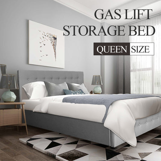 Scandinavian Fabric Square Tufted Gas Lift Storage Bed Frame Queen Grey