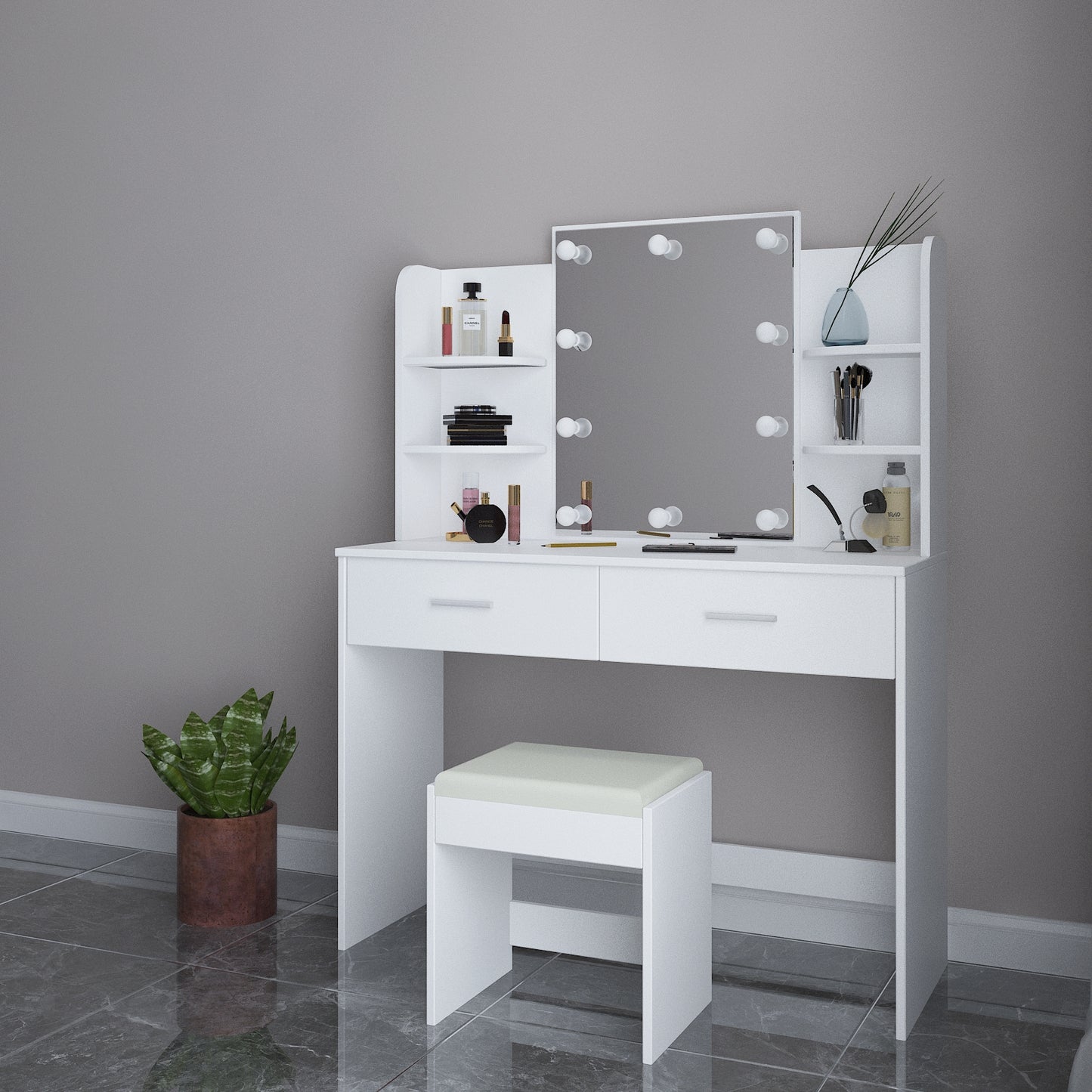 Dressing Table Mirror Makeup Jewellery Cabinet w/Light Bulbs Stool White