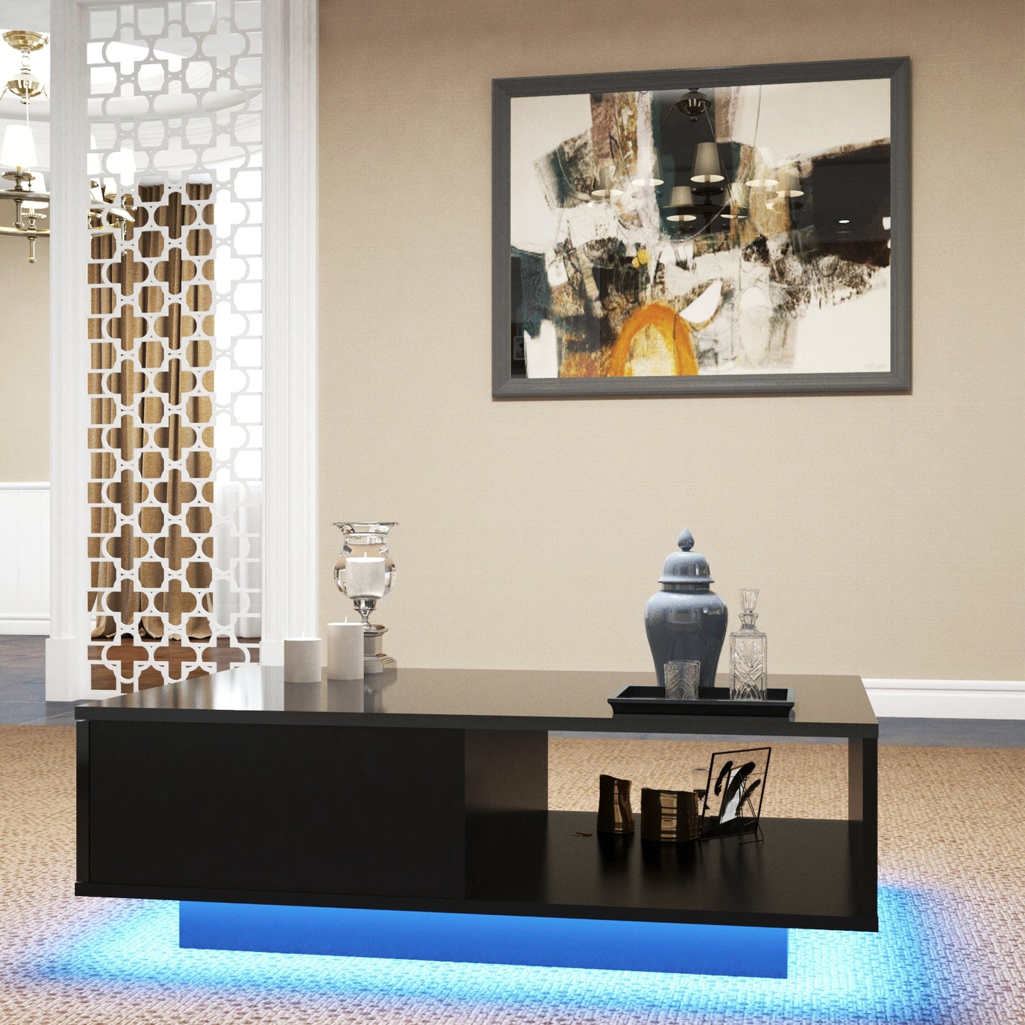 Modern LED Light Coffee Tea Table with Storage Drawer & Shelf High Gloss Living Room Black