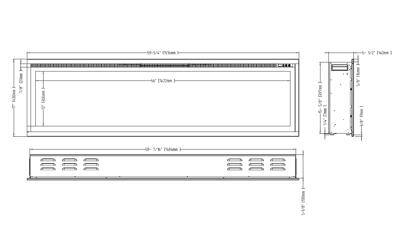 Horizon 60" Slim Trim Black Built-in Recessed / Wall mounted Heater Electric Fireplace