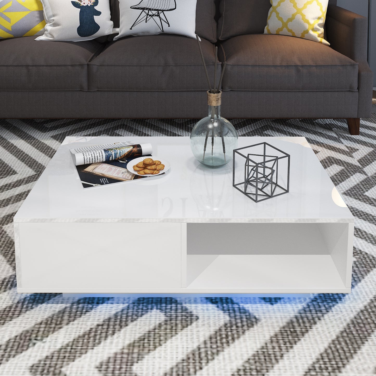 Modern RGB LED Light Coffee Tea Table with Storage Drawer & Shelf High Gloss Living Room
