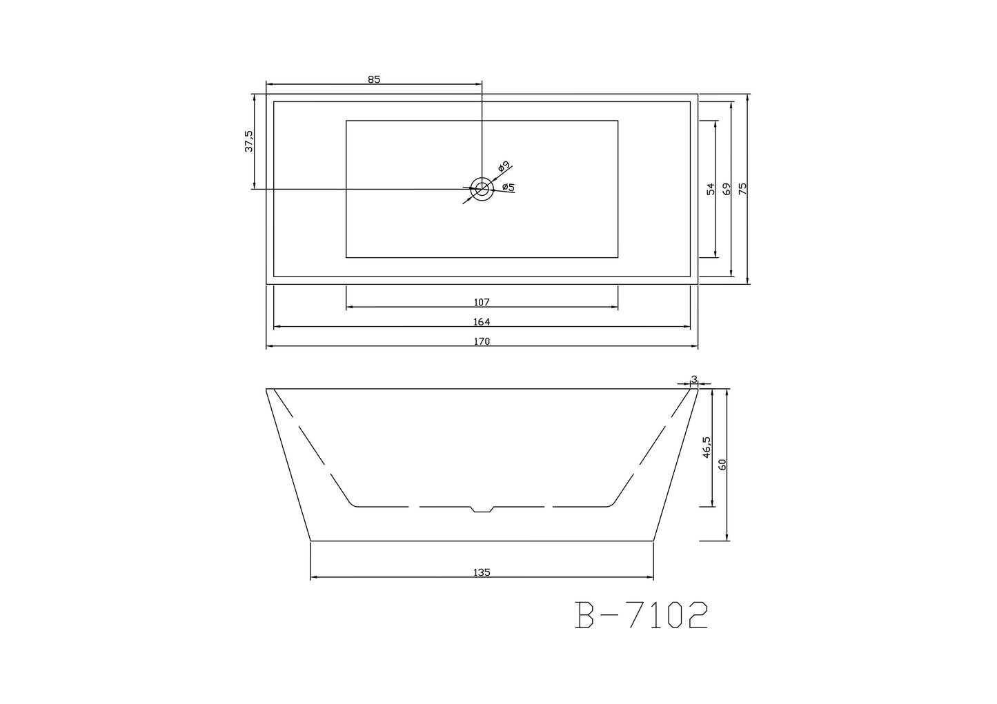 Bathroom Acrylic Free Standing Bath Tub 1700 x 750 x 600mm Freestanding (7102)