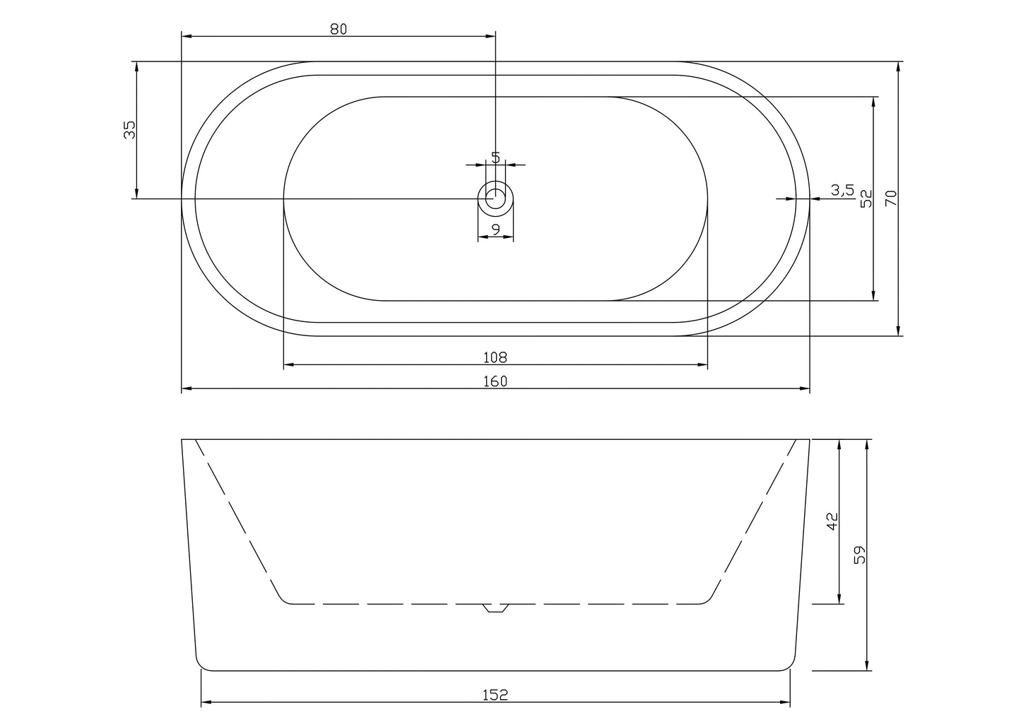 Bathroom Free Standing Bath Tub 1600x700x580mm Freestanding (7109)