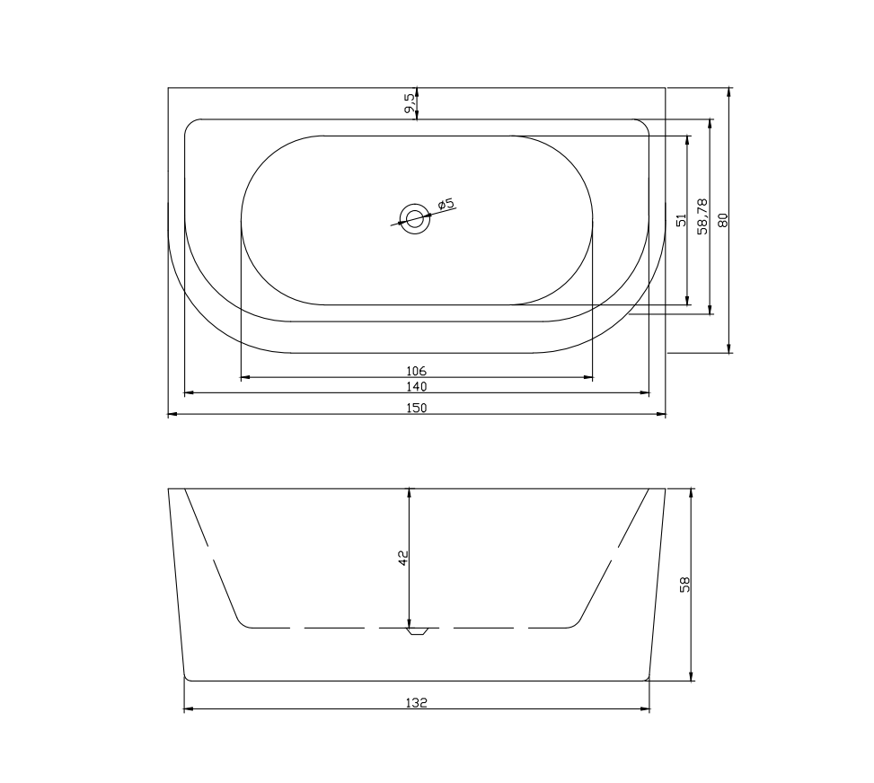 Bathroom Acrylic Free Standing Bathtub Bath Tub back to wall Freestanding1500 x 800 x 600MM (7110)