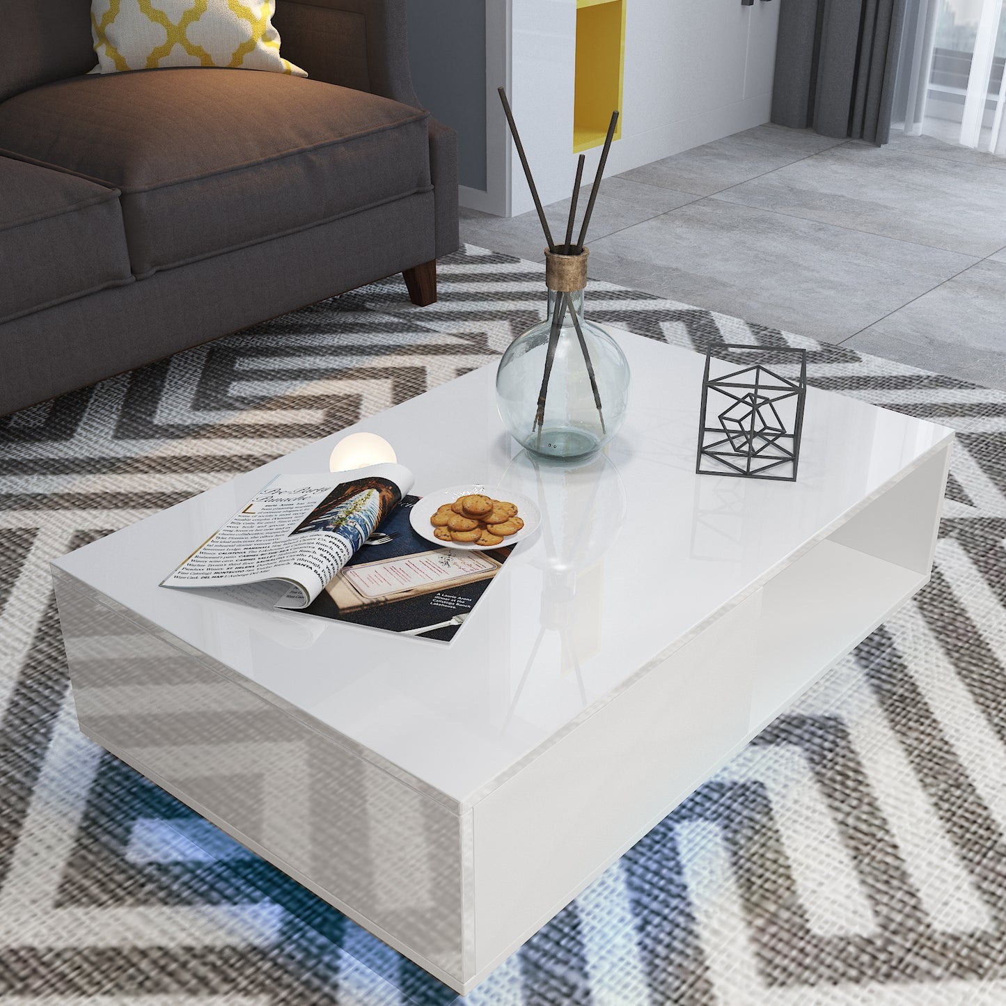 Modern RGB LED Light Coffee Tea Table with Storage Drawer & Shelf High Gloss Living Room