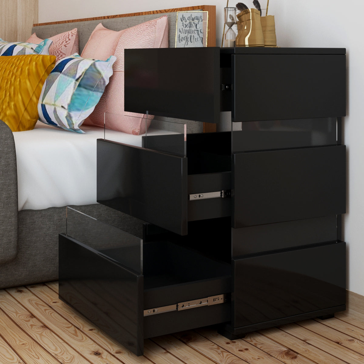 Modern RGB LED Bedside Table Side Table Nightstand High Gloss Storage Black