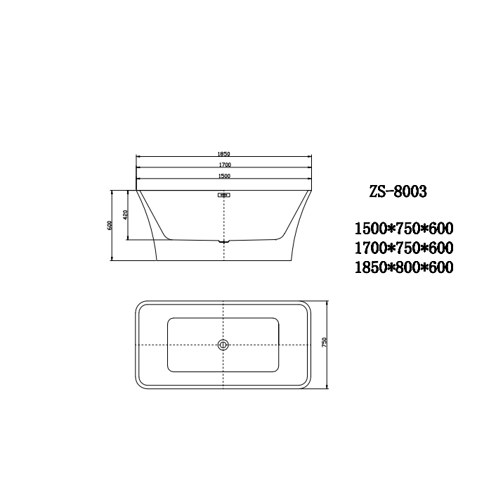 Bathroom Acrylic Free Standing Bath Tub 1700 x 750 x 600mm Freestanding (8003)