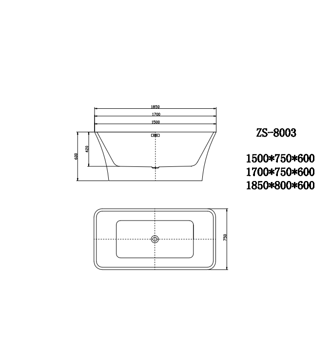 Bathroom Acrylic Free Standing Bath Tub 1700 x 750 x 600mm Freestanding