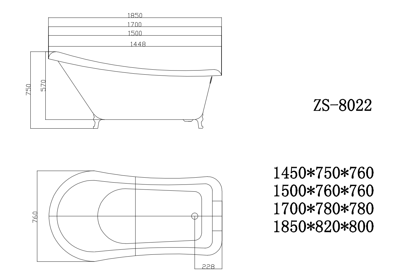 Bathroom Acrylic Free Standing Bath Tub 1700 x 780 x 780MM with Chrome Feet (8022-17) Slightly Damaged