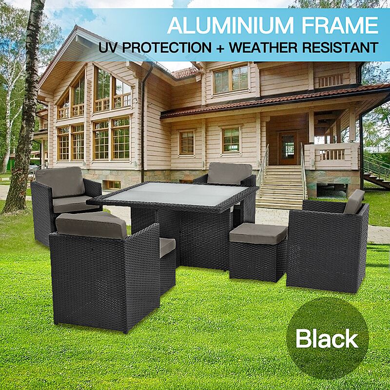 9pc PE Wicker Outdoor Aluminum Garden Furniture Dining Setting - Black (9010)