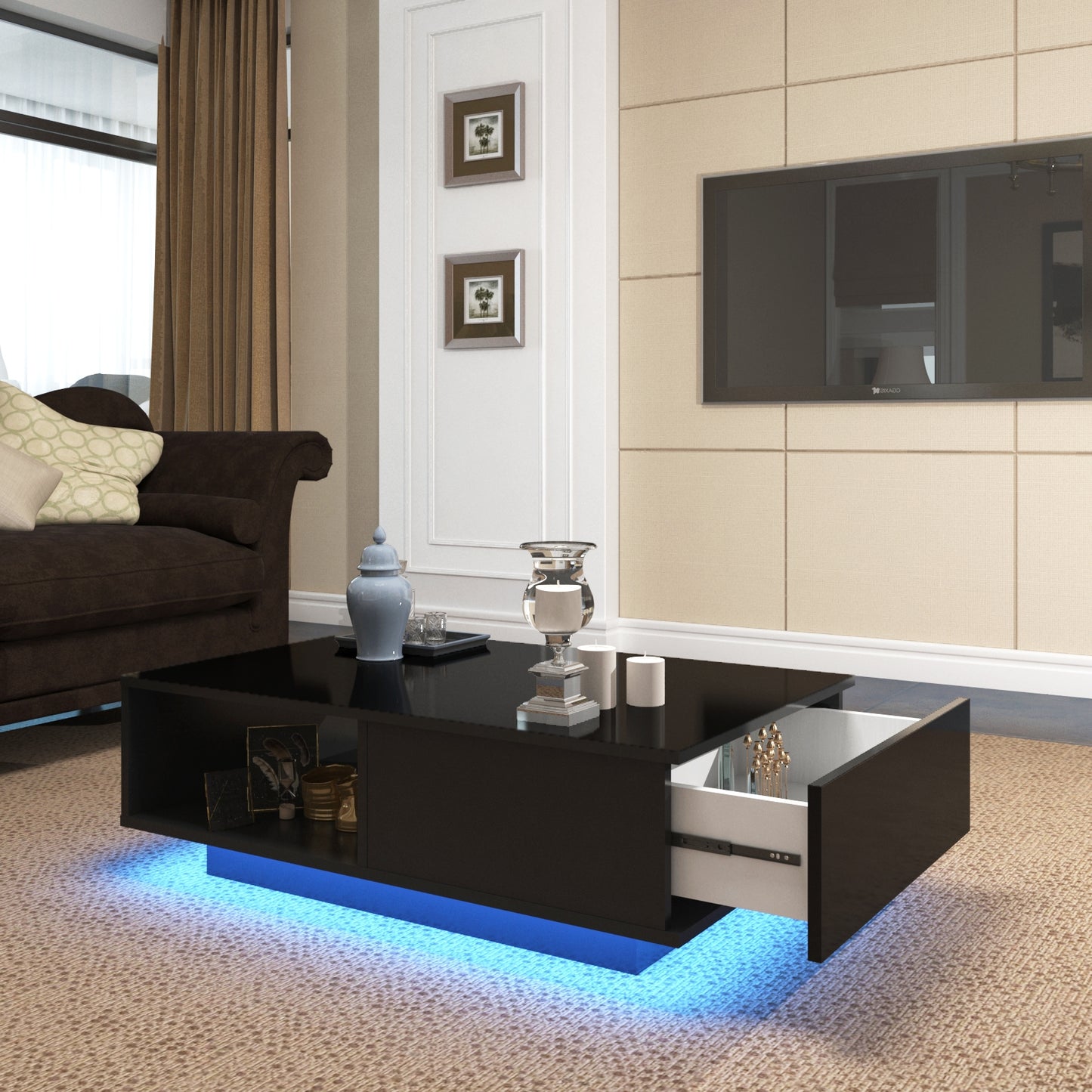 Modern LED Light Coffee Tea Table with Storage Drawer & Shelf High Gloss Living Room Black