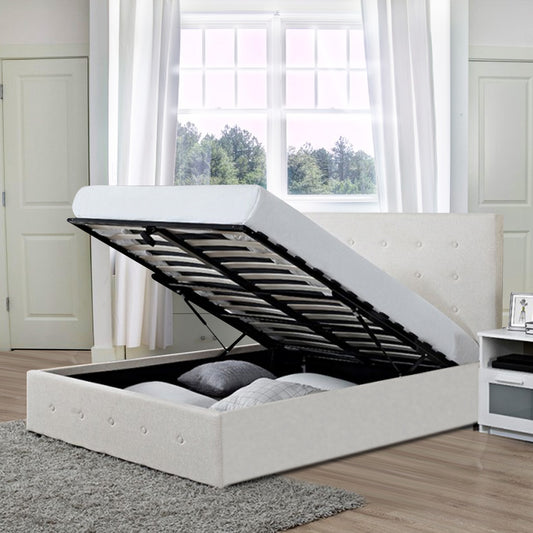 Scandinavian Fabric Square Tufted Gas Lift Storage Bed Frame Queen Beige