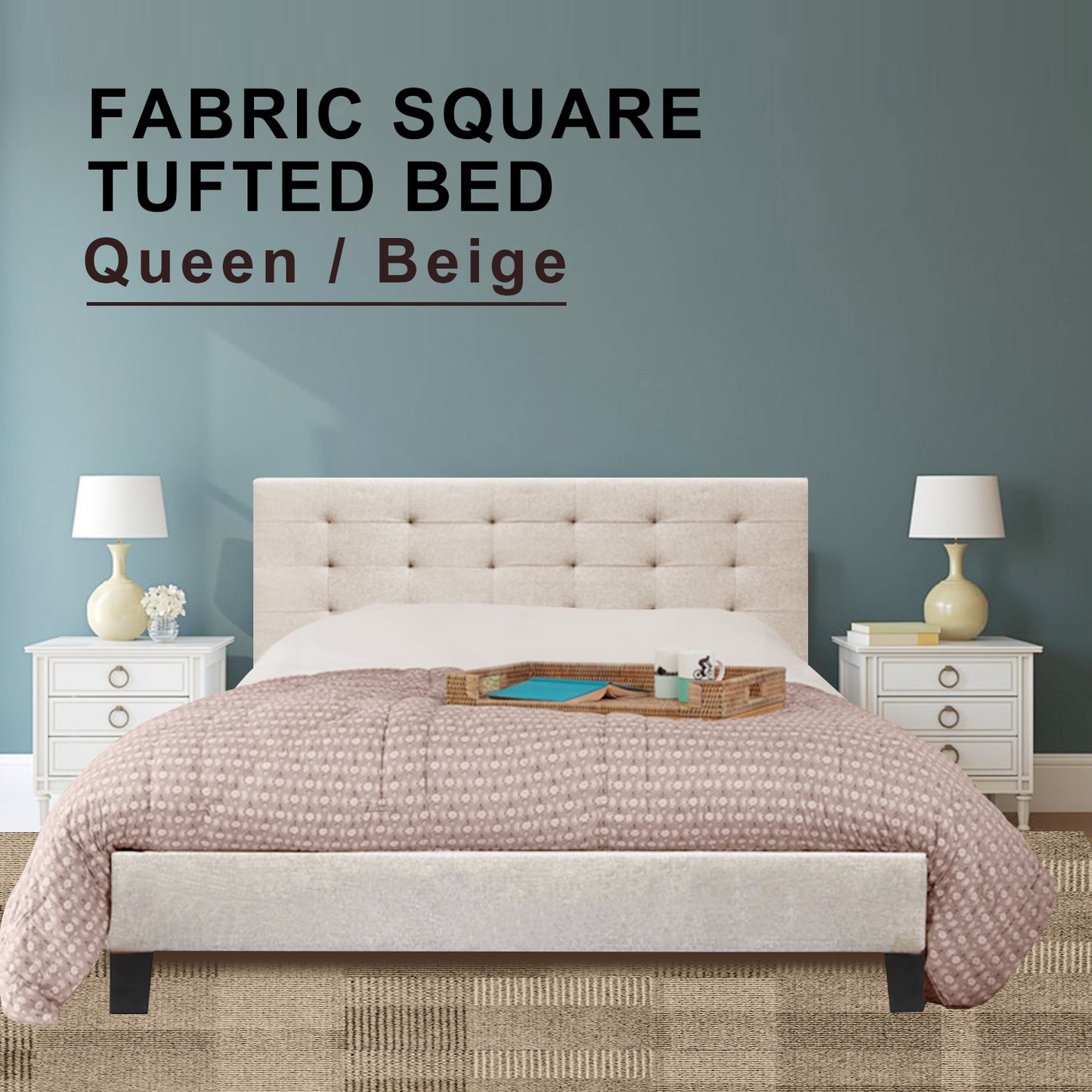Fabric Bed Frame (Queen size, Beige color)