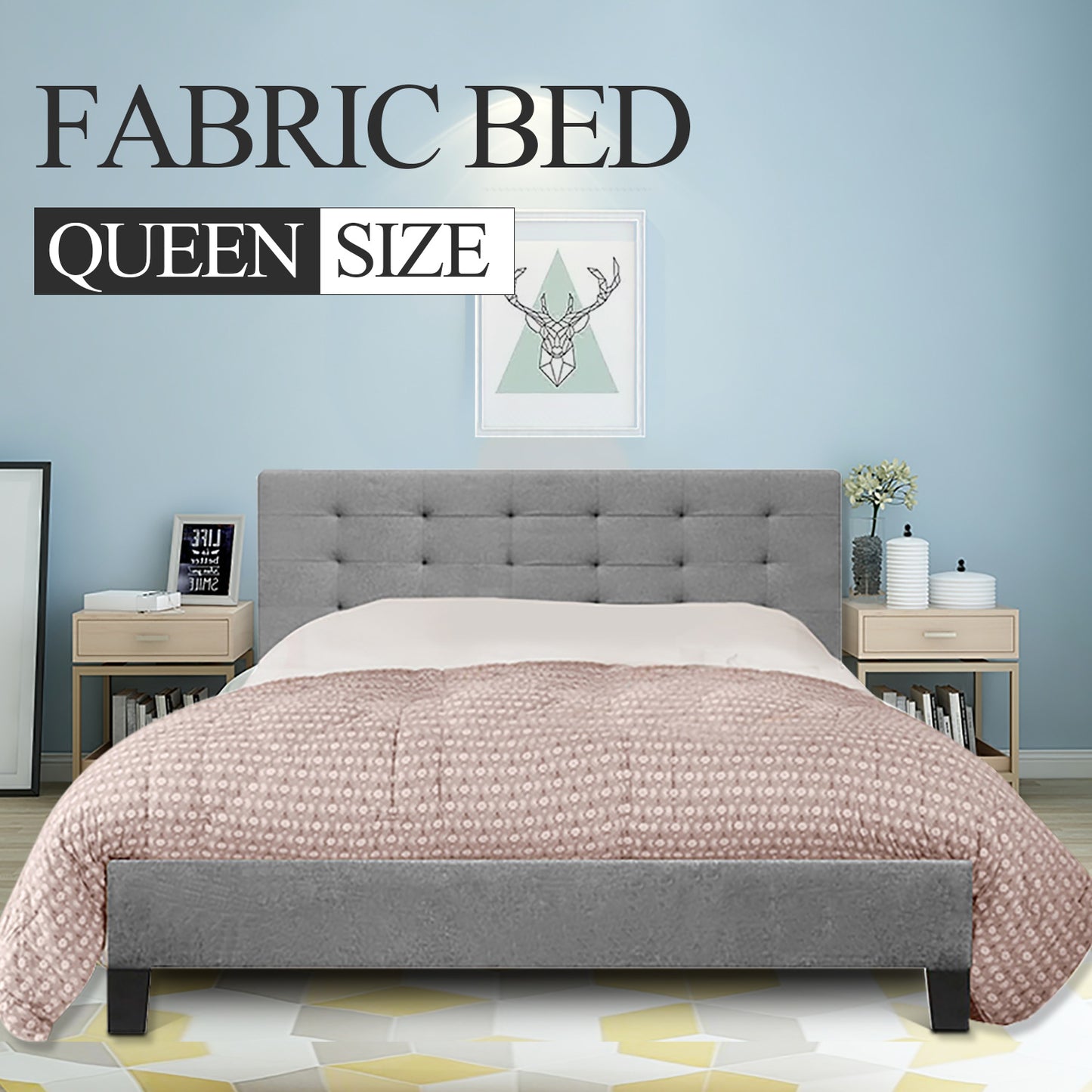 Fabric Bed Frame (Queen size, Grey color)