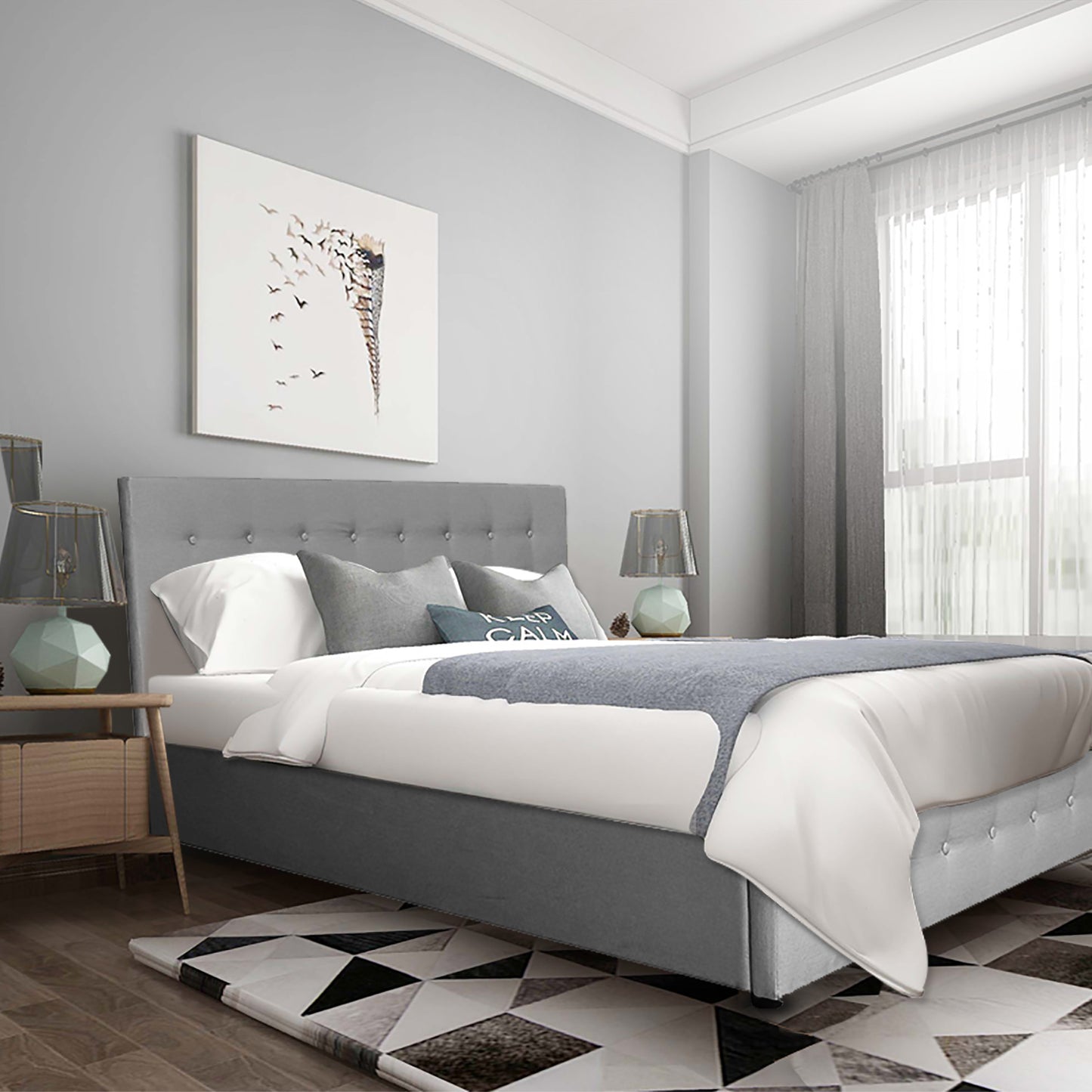 Scandinavian Fabric Square Tufted Gas Lift Storage Bed Frame Queen Grey