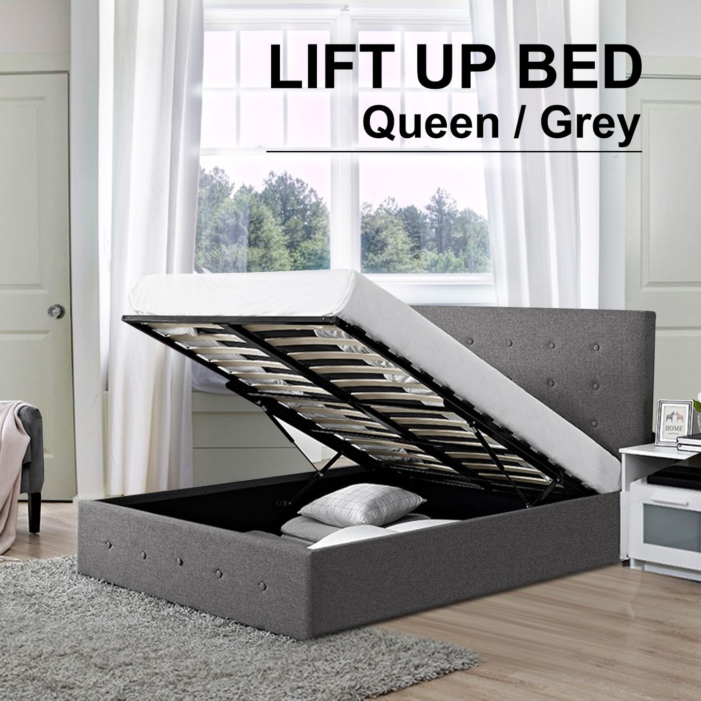 Scandinavian Fabric Square Tufted Gas Lift Storage Bed Frame Queen Grey