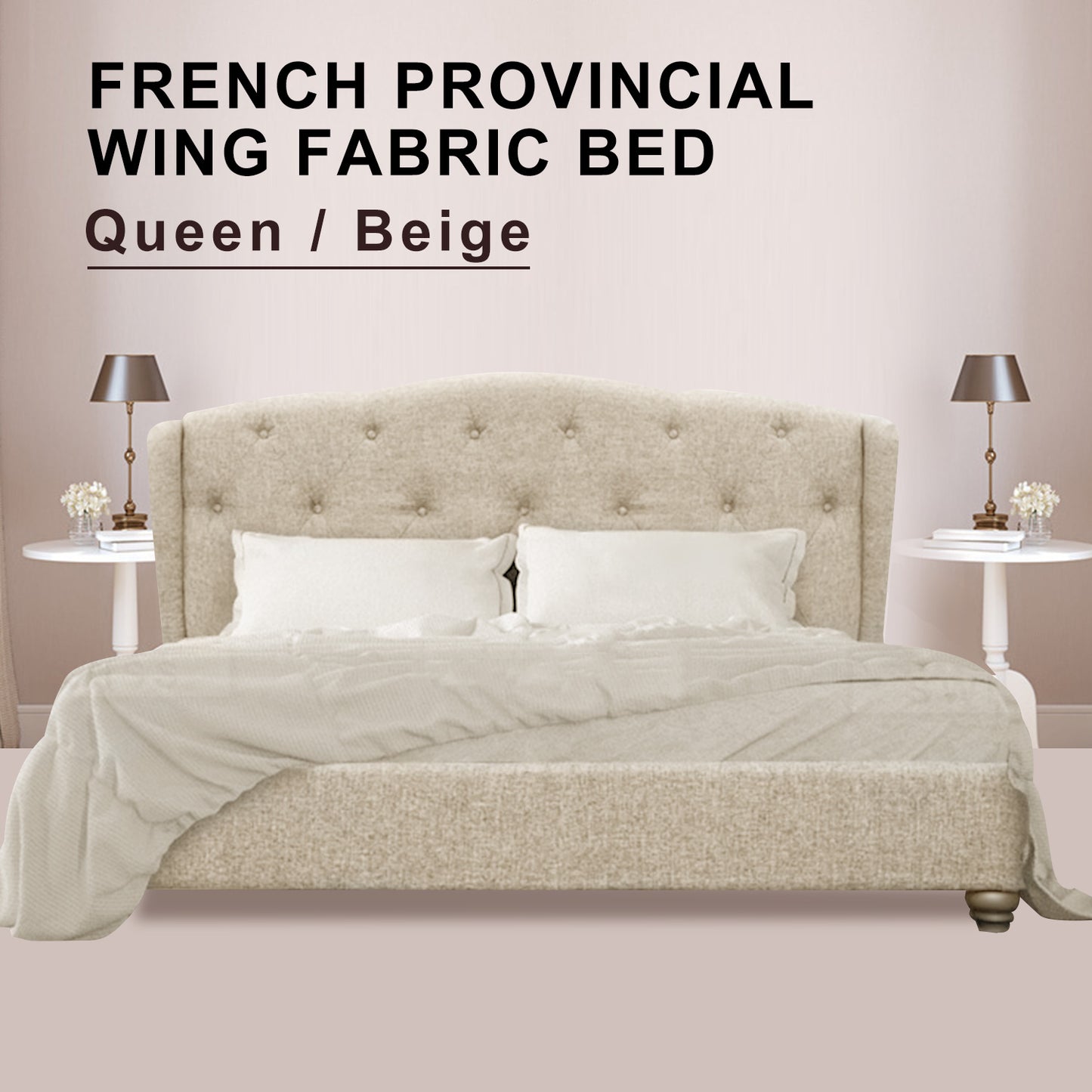 French Provincial Wing Fabric Bed Frame Queen Beige