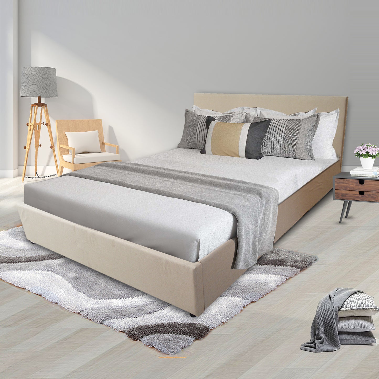 Fabric Square Tufted Gas Lift Storage Bed Frame Queen Beige CB120