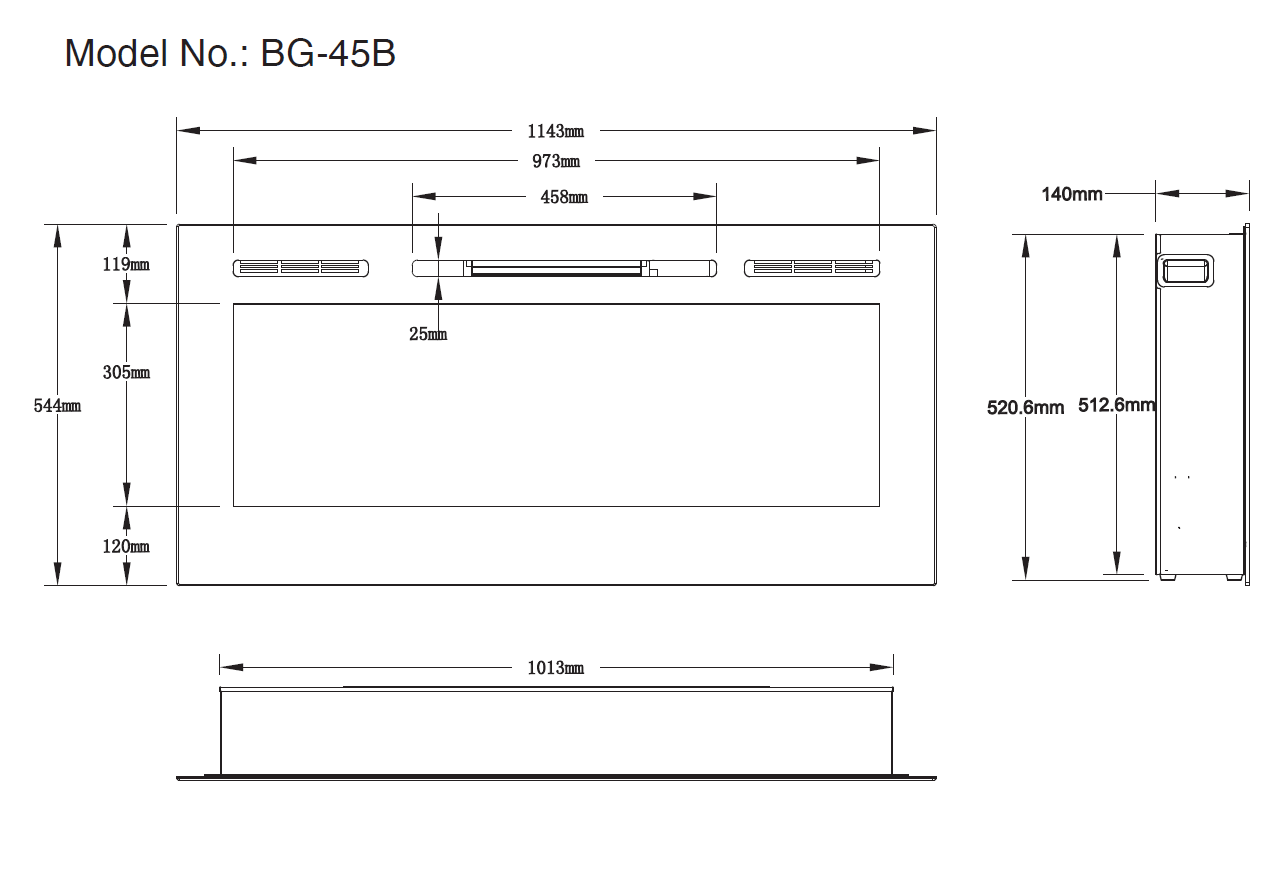 45" Black Built-in Recessed / Wall mounted Heater Electric Fireplace