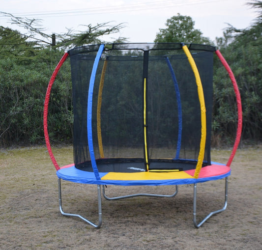 10ft Rainbow Mini Trampoline & Enclosure Ladder Basketball Hoop Set