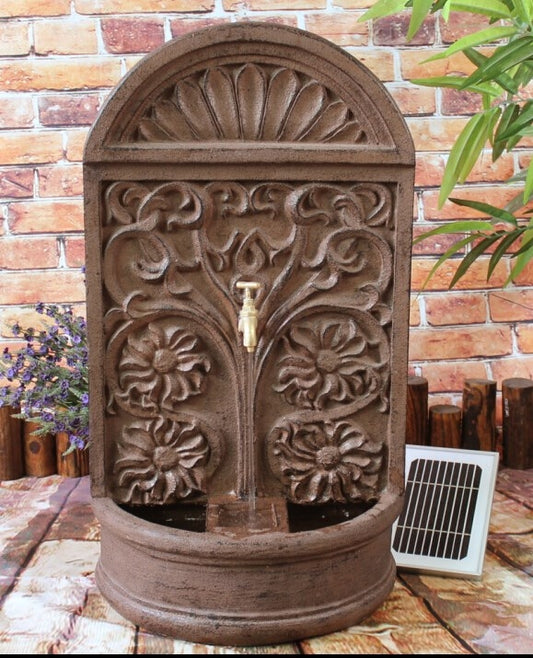 Garden Solar Wall Water Fountain Feature Copper Tuscan Indoor Outdoor 72cm