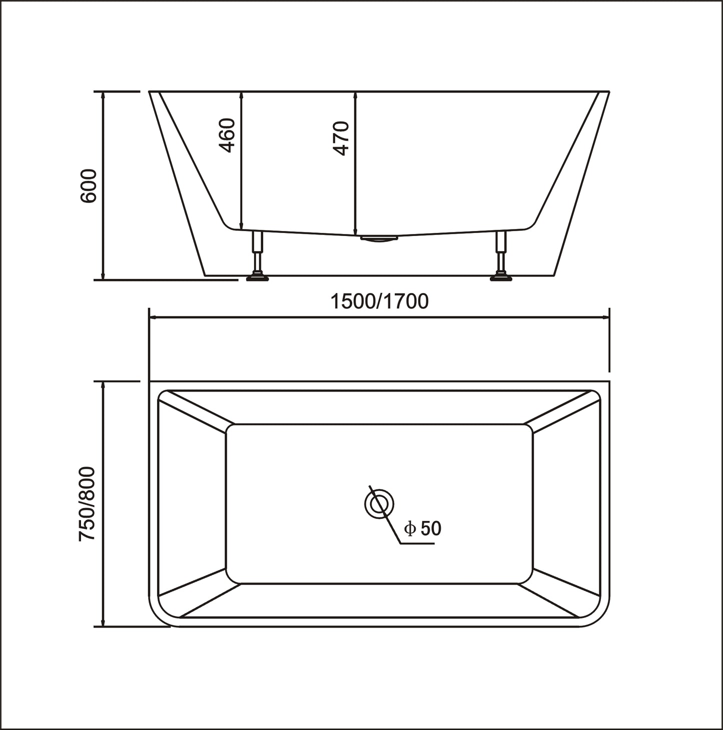 Bathroom Acrylic Free Standing Bath Tub Thin Edge 1500 x 750 x 600 Freestanding (linea slim)