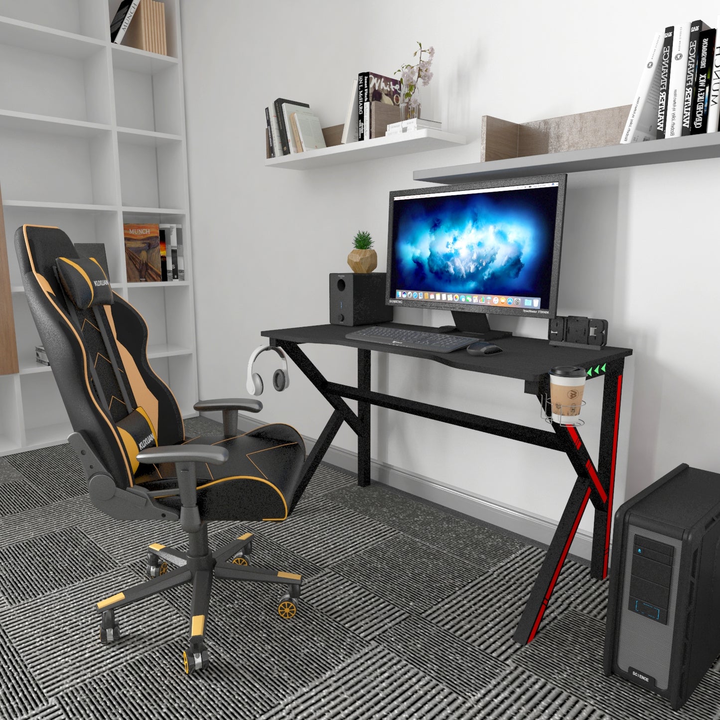 Gaming Computer Desk with LED Lights Cup Holder Headphone Hook 120x60x75cm