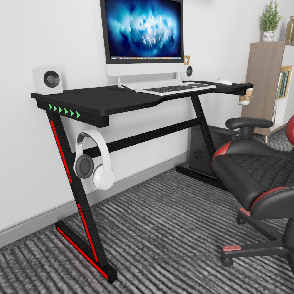 Gaming Desk Z Shaped Computer Desk with LED Lights Cup Holder Headphone Hook 120x60x75cm