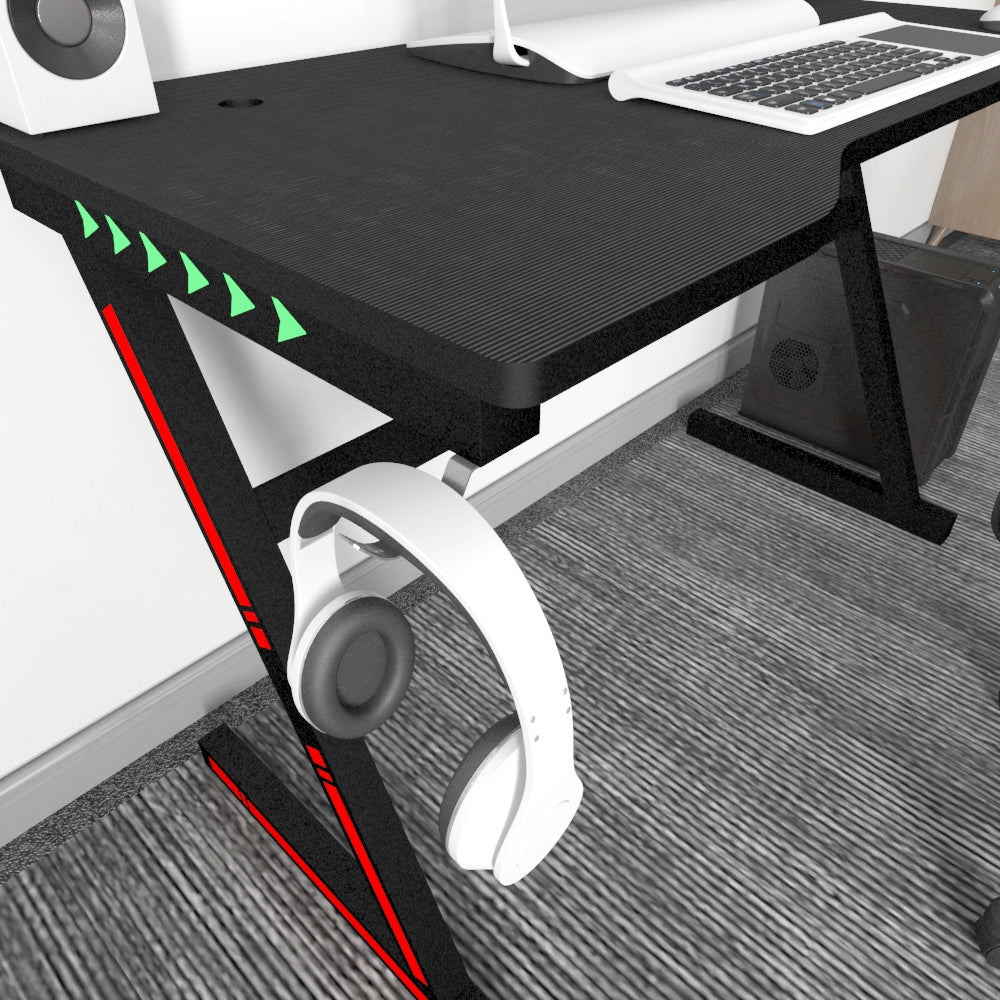 Gaming Desk Z Shaped Computer Desk with LED Lights Cup Holder Headphone Hook 120x60x75cm