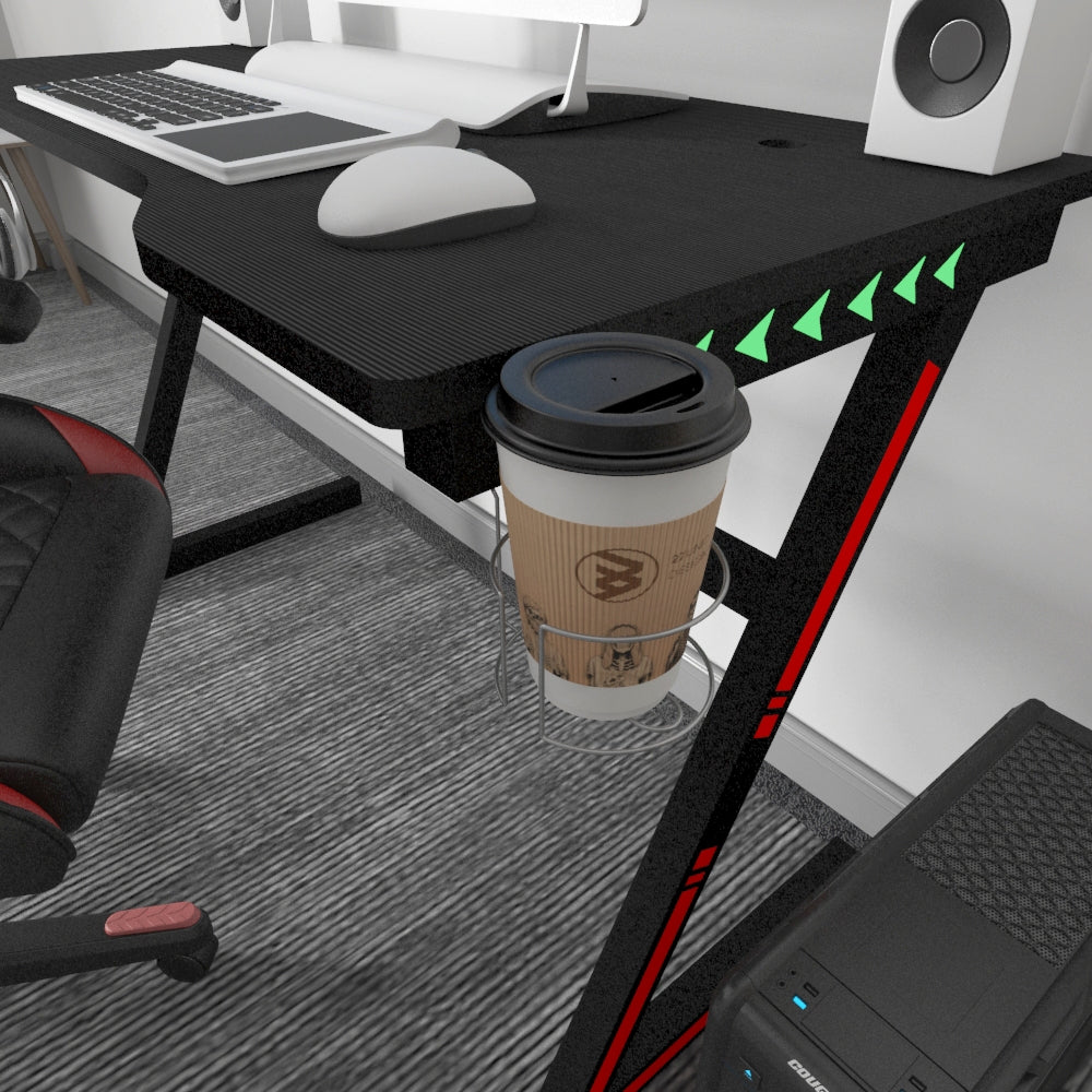 Gaming Desk Z Shaped Computer Desk with LED Lights Cup Holder Headphone Hook 120x60x75cm
