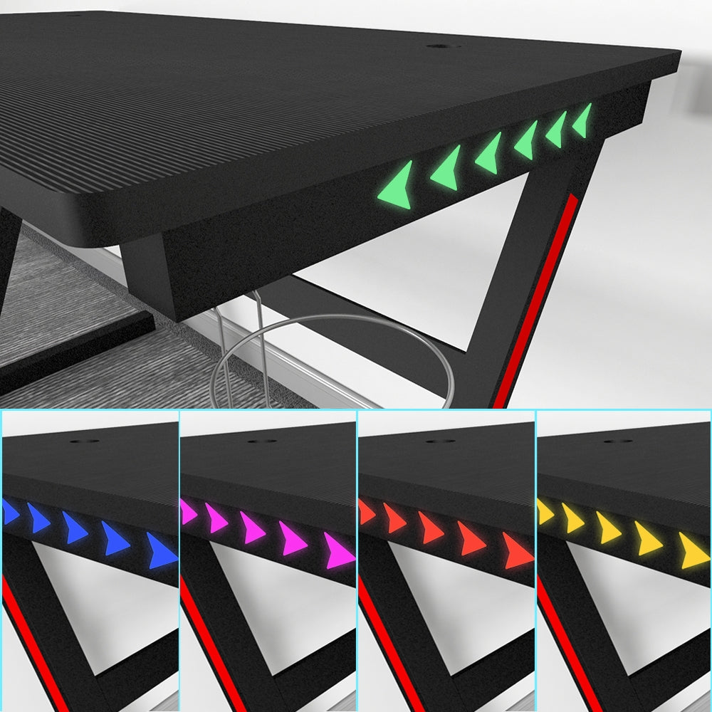 Gaming Desk Z Shaped Computer Desk with LED Lights Cup Holder Headphone Hook 120x60x75cm