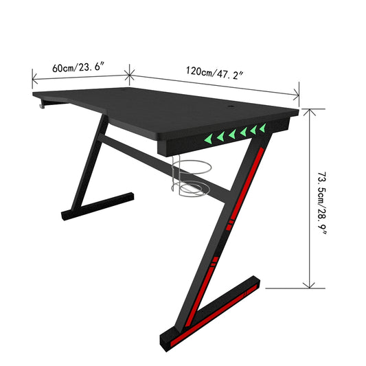 Gaming Desk Z Shaped Computer Desk with LED Lights Cup Holder Headphone Hook 120x60x75cm