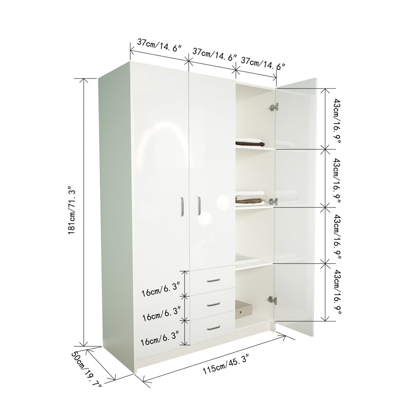 Modern High Gloss 3 Door Home Wardrobe 115x50x181cm