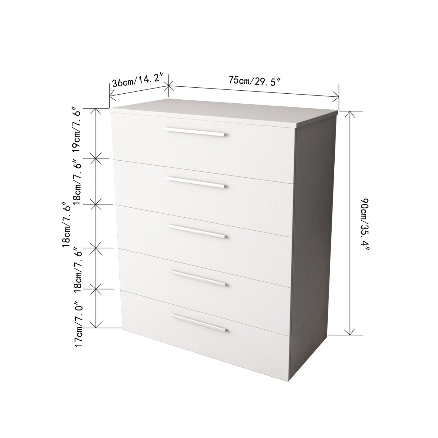 5-Drawer Chest White Storage Modern Cabinet 90cm Height