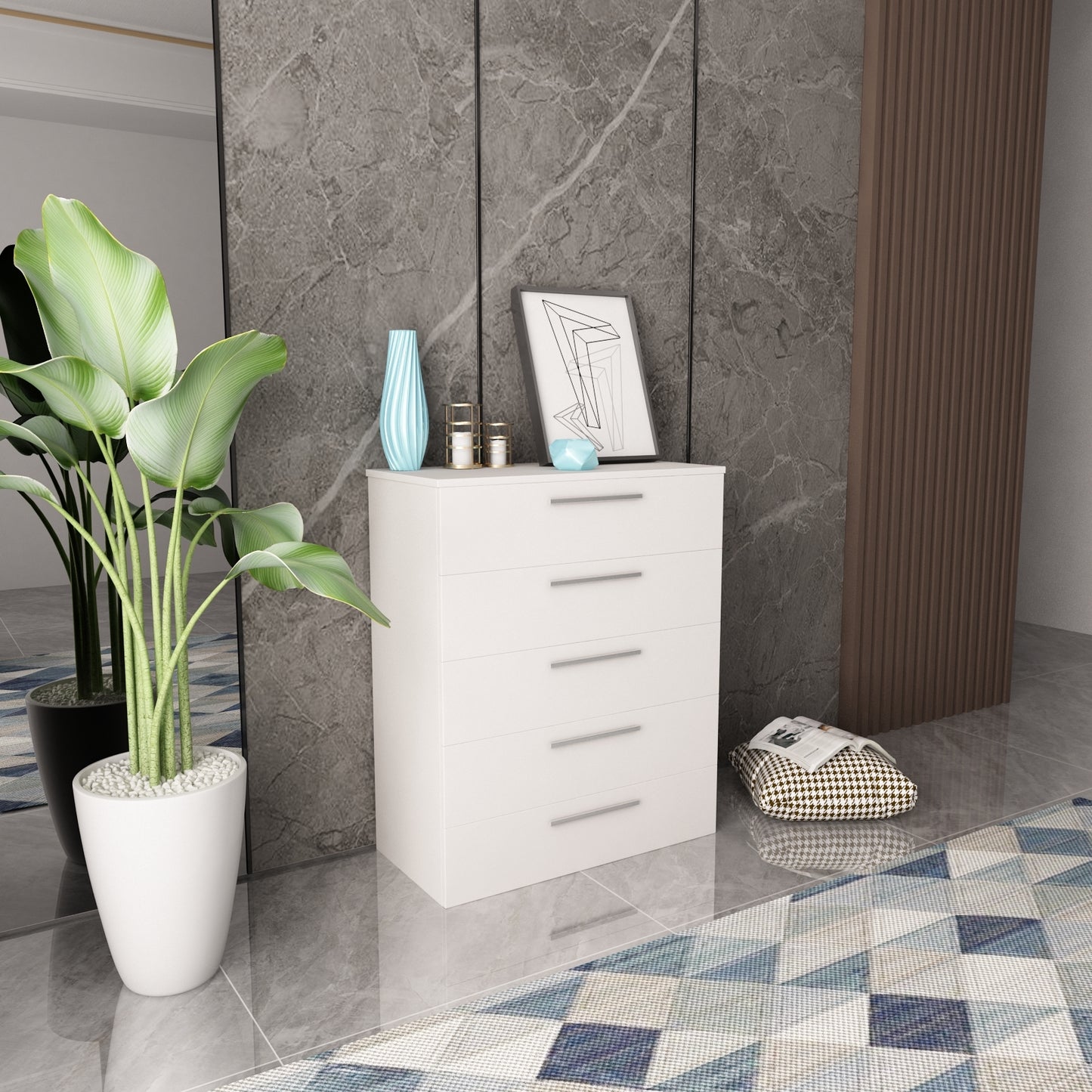 5-Drawer Chest White Storage Modern Cabinet 90cm Height