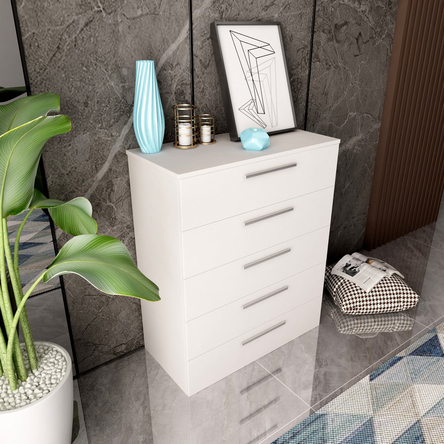 5-Drawer Chest White Storage Modern Cabinet 90cm Height