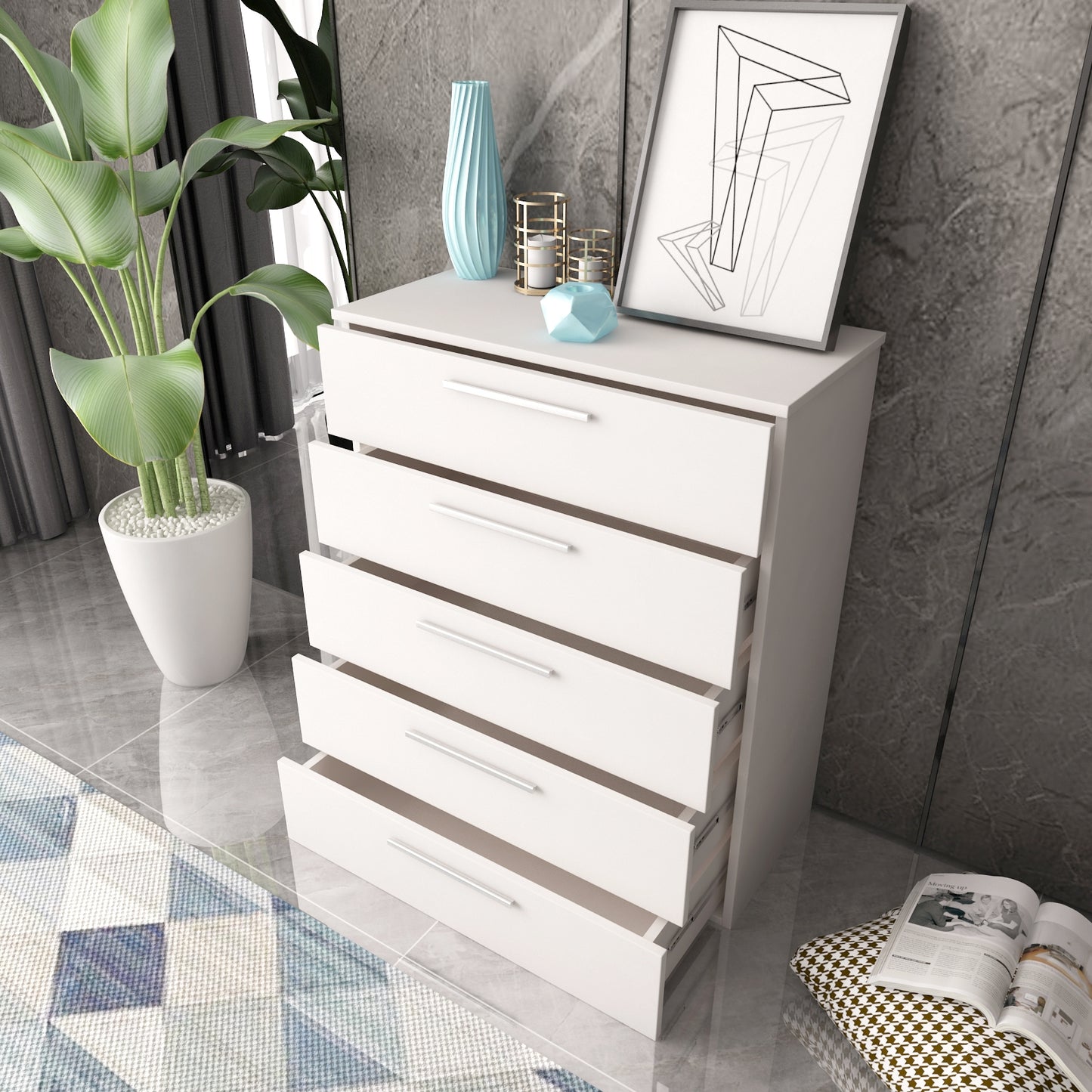 5-Drawer Chest White Storage Modern Cabinet 90cm Height