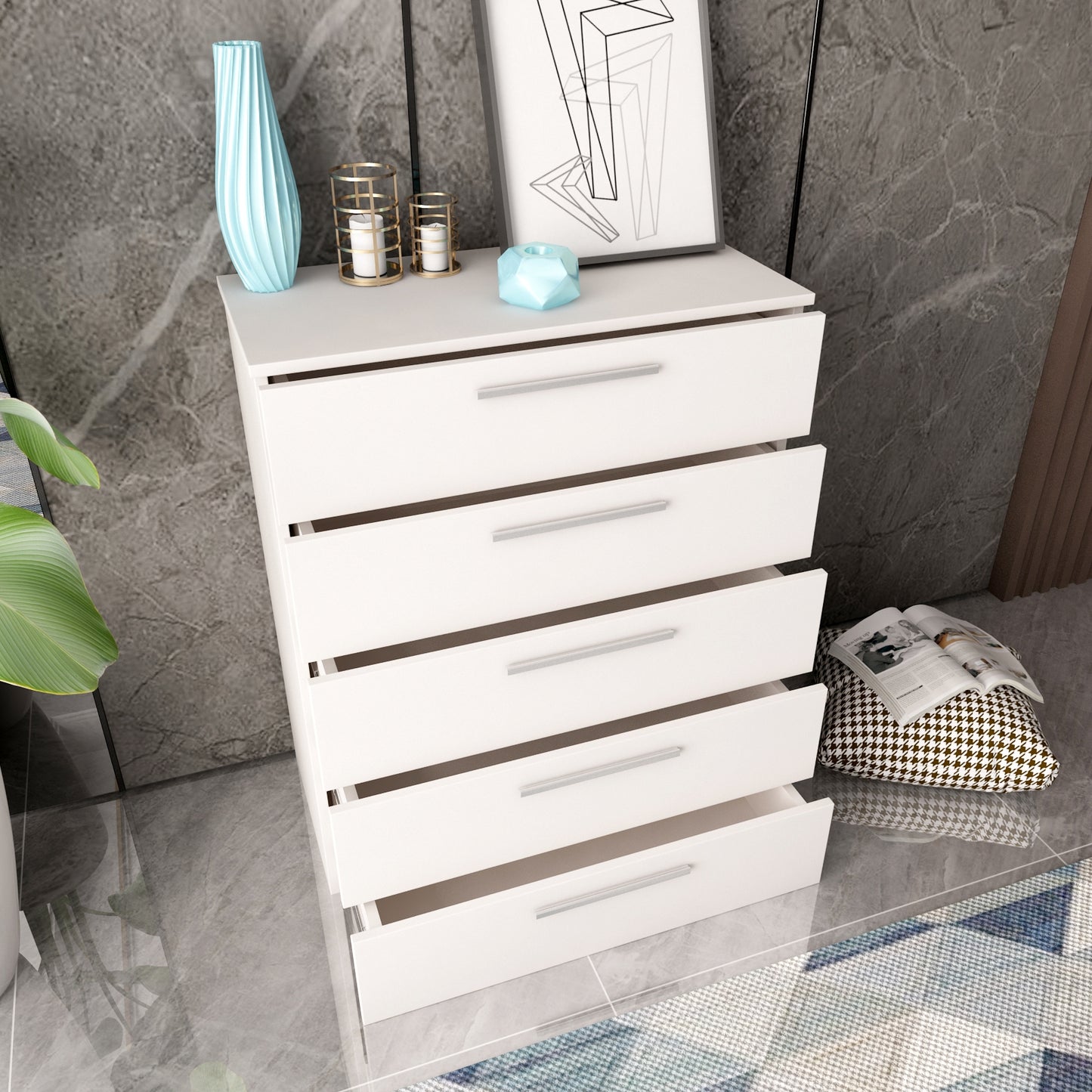 5-Drawer Chest White Storage Modern Cabinet 90cm Height