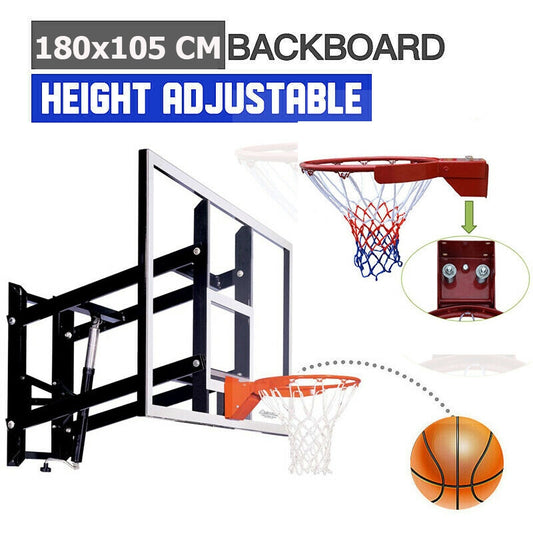 Wall-Mount 10mm Tempered Glass Basketball Backboard Height Adjustable 180x105cm